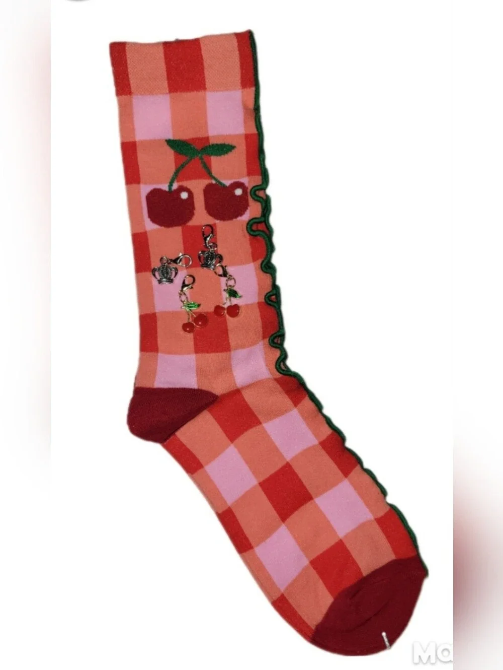 New Kawaii Cherry Check Ruffle  Socks - Pink & Red Includes 2 Sets Of Charms